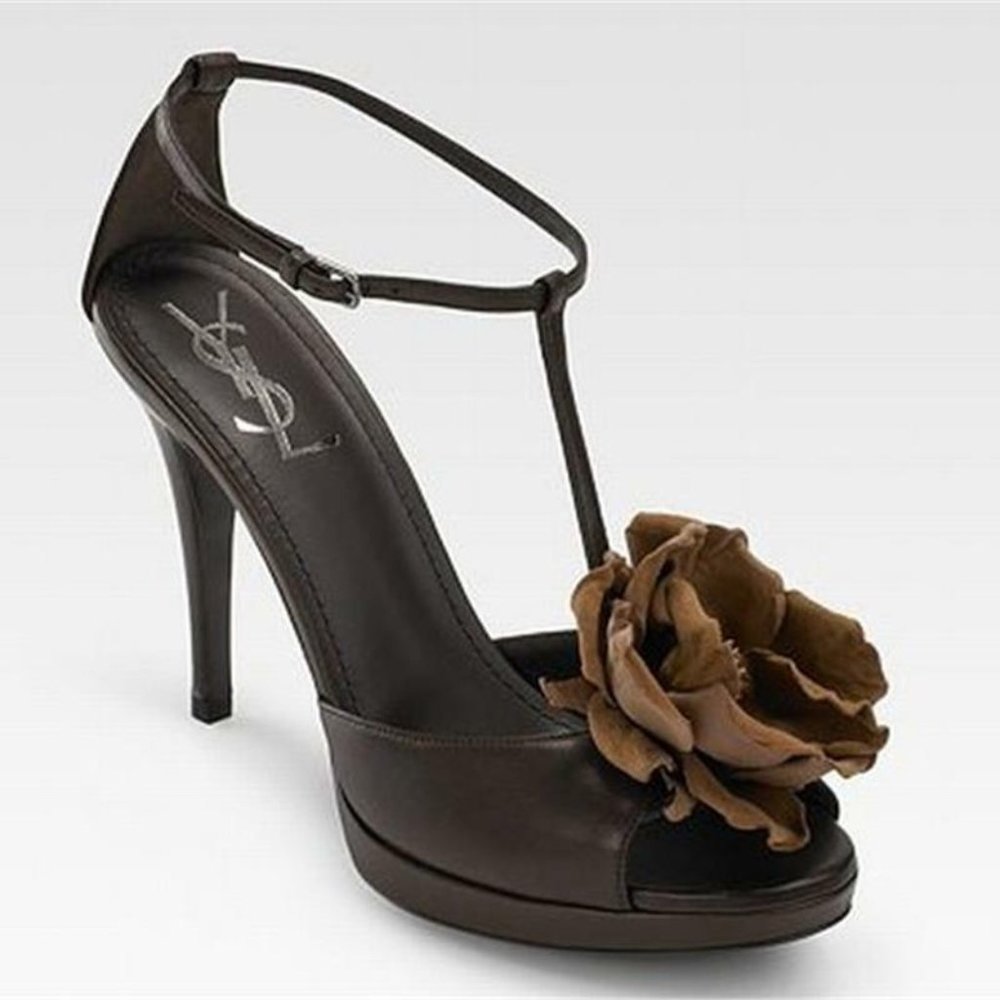 YSL Yves Saint Laurent ROSE T Bar Ankle Strap Platform Sandals Shoes